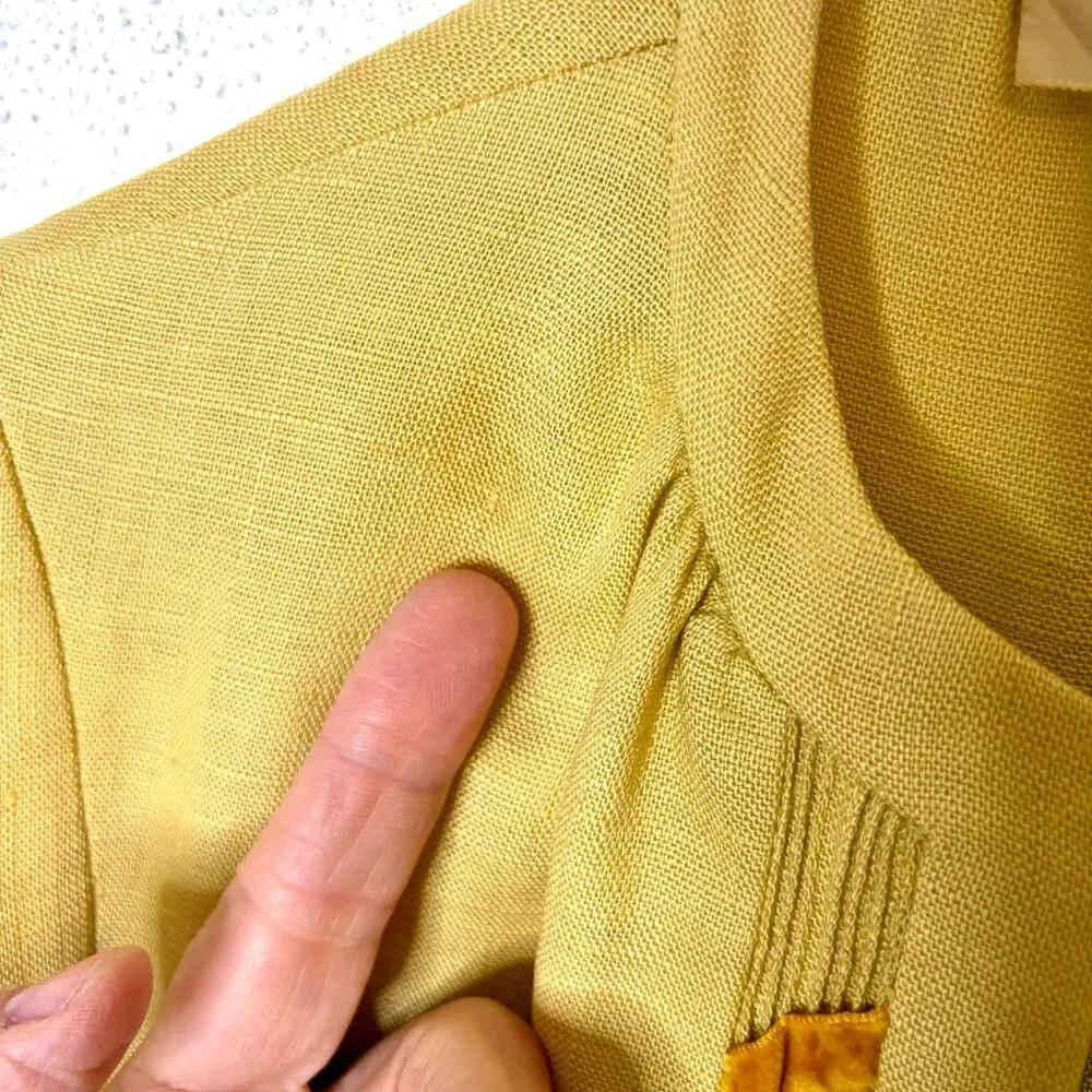 Vintage 1950s/60s Carlye Yellow Linen Dress Rhinestone Buttons Velvet Leaf Sz S - Picture 9 of 9
